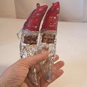 Set Of 2 Pottery Barn Hand Blown Mercury Glass Crescent Moon Santa Ornaments